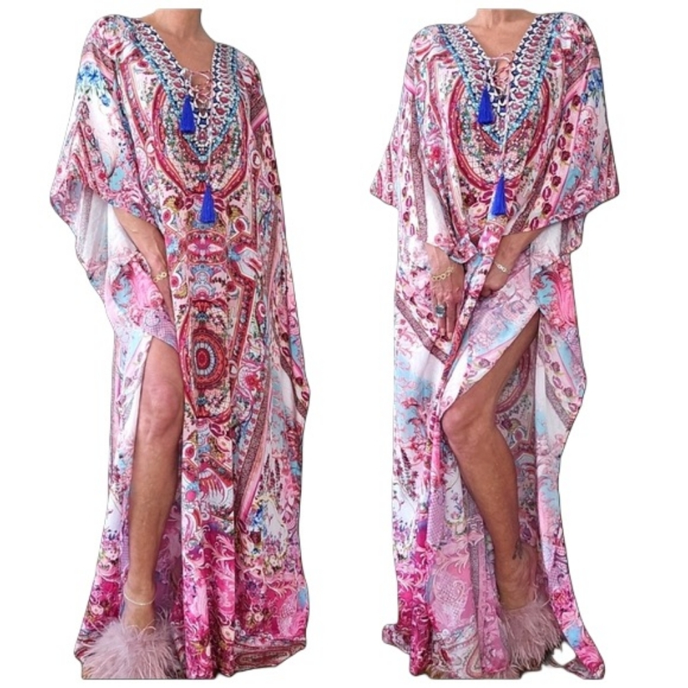 Baroque Beaded Pink & Blue Side Slit Long Maxi Kaftan Caftan